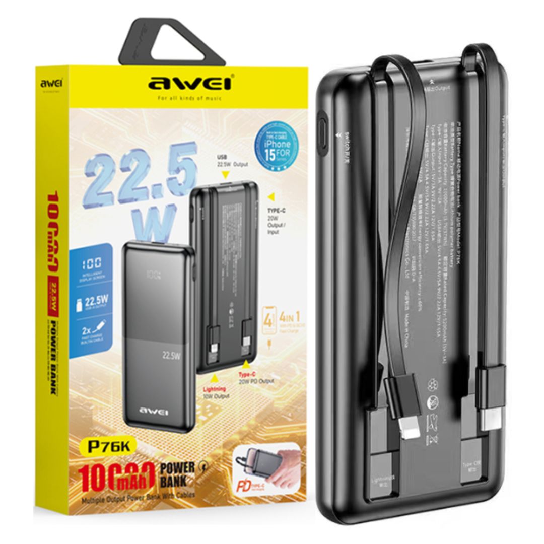AWEI P76K 10000mAh Power Bank with 3 Cables White
