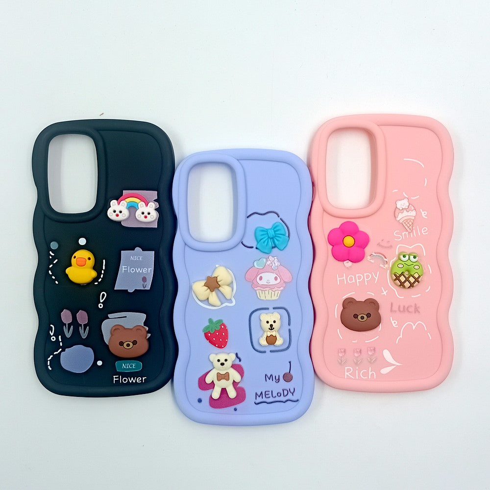 Samsung A36 Cute Cartoon 3D Silicone Phone Case for Girls Soft Wavy Edge Back Cover with Bear Flower & Fun Charms Shockproof Protective Case