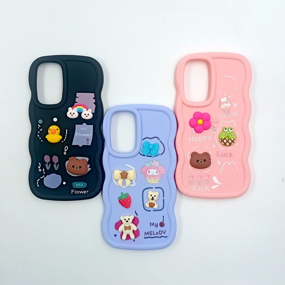 Samsung A56 Cute Cartoon 3D Silicone Phone Case for Girls Soft Wavy Edge Back Cover with Bear Flower & Fun Charms Shockproof Protective Case