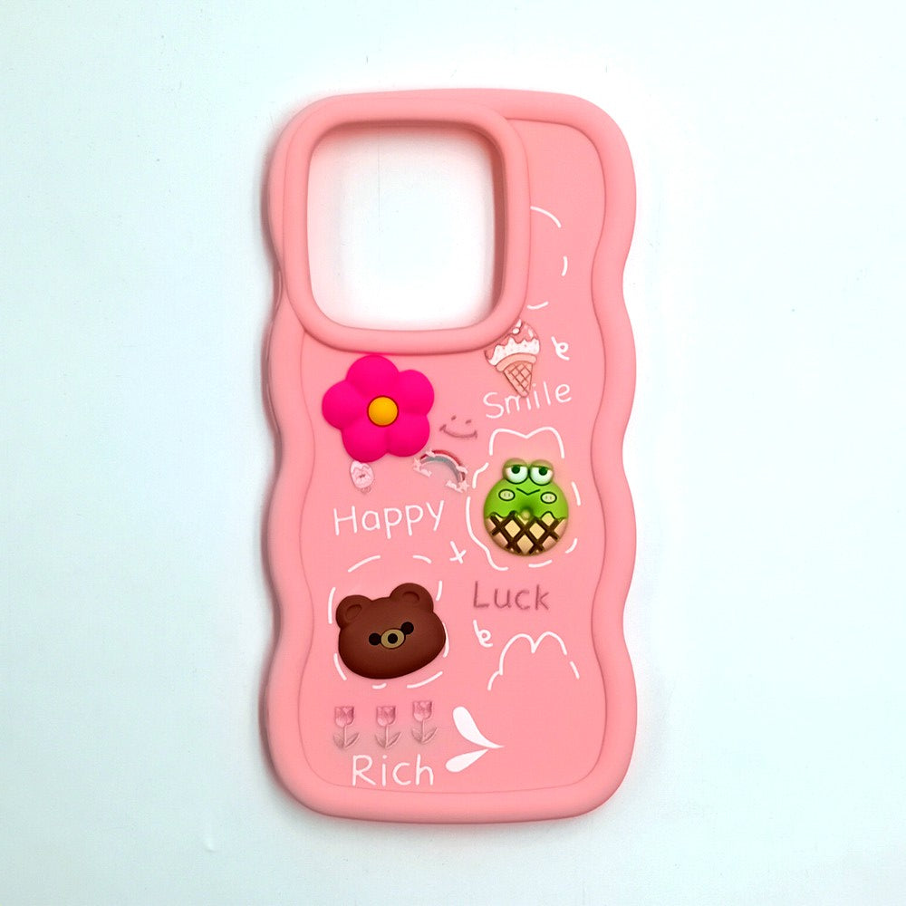 Redmi Note 14 4G Cute Cartoon 3D Silicone Phone Case for Girls Soft Wavy Edge Back Cover with Bear Flower & Fun Charms Shockproof Protective Case