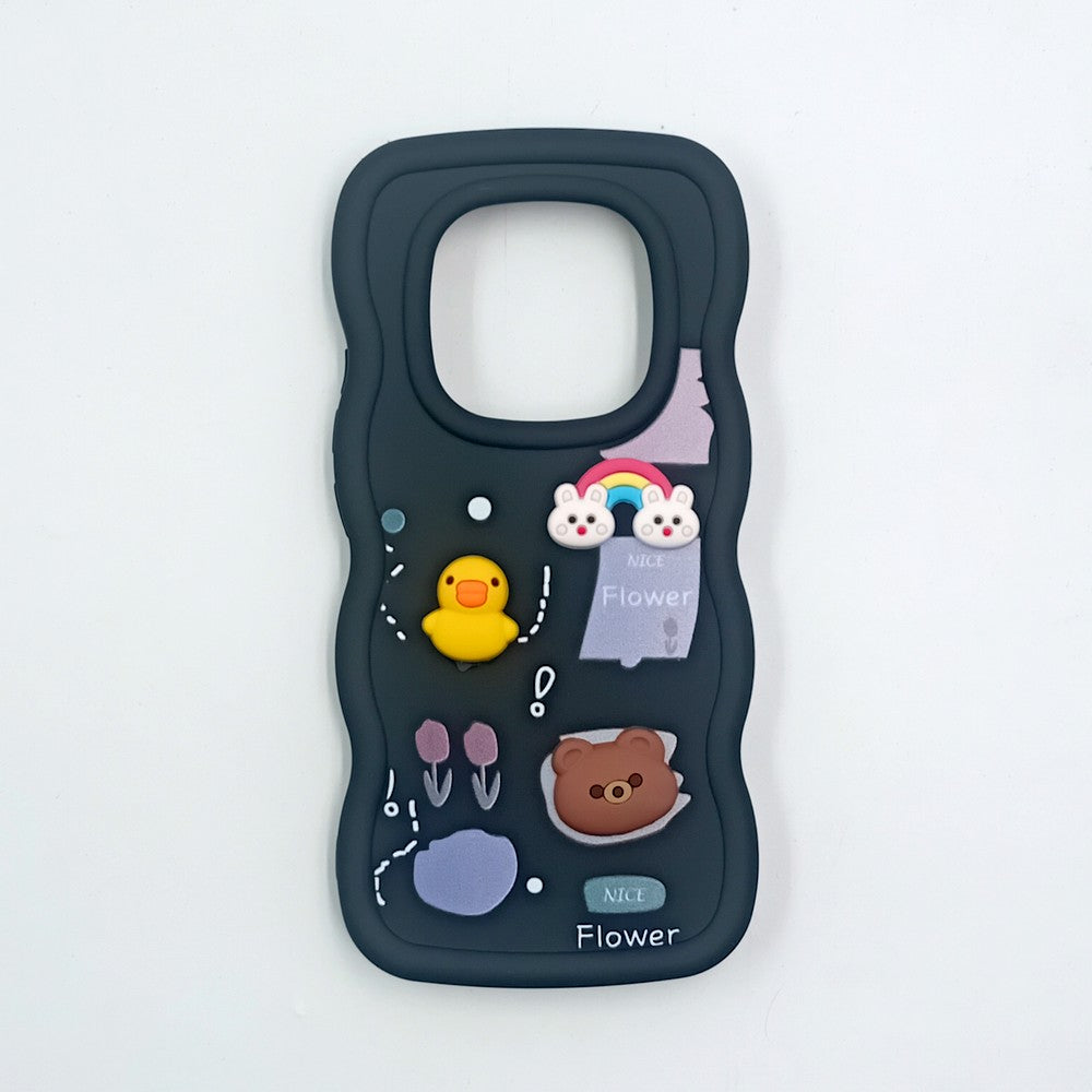 Redmi Note 14 Pro 5G Cute Cartoon 3D Silicone Phone Case for Girls Soft Wavy Edge Back Cover with Bear Flower & Fun Charms Shockproof Protective Case