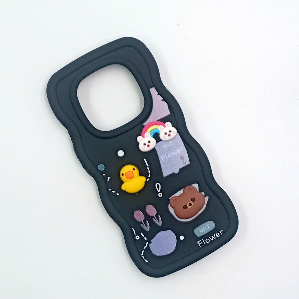 Redmi Note 14 Pro 5G Cute Cartoon 3D Silicone Phone Case for Girls Soft Wavy Edge Back Cover with Bear Flower & Fun Charms Shockproof Protective Case