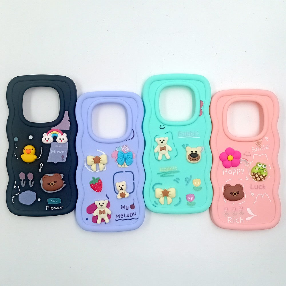 Redmi Note 14 Pro 5G Cute Cartoon 3D Silicone Phone Case for Girls Soft Wavy Edge Back Cover with Bear Flower & Fun Charms Shockproof Protective Case