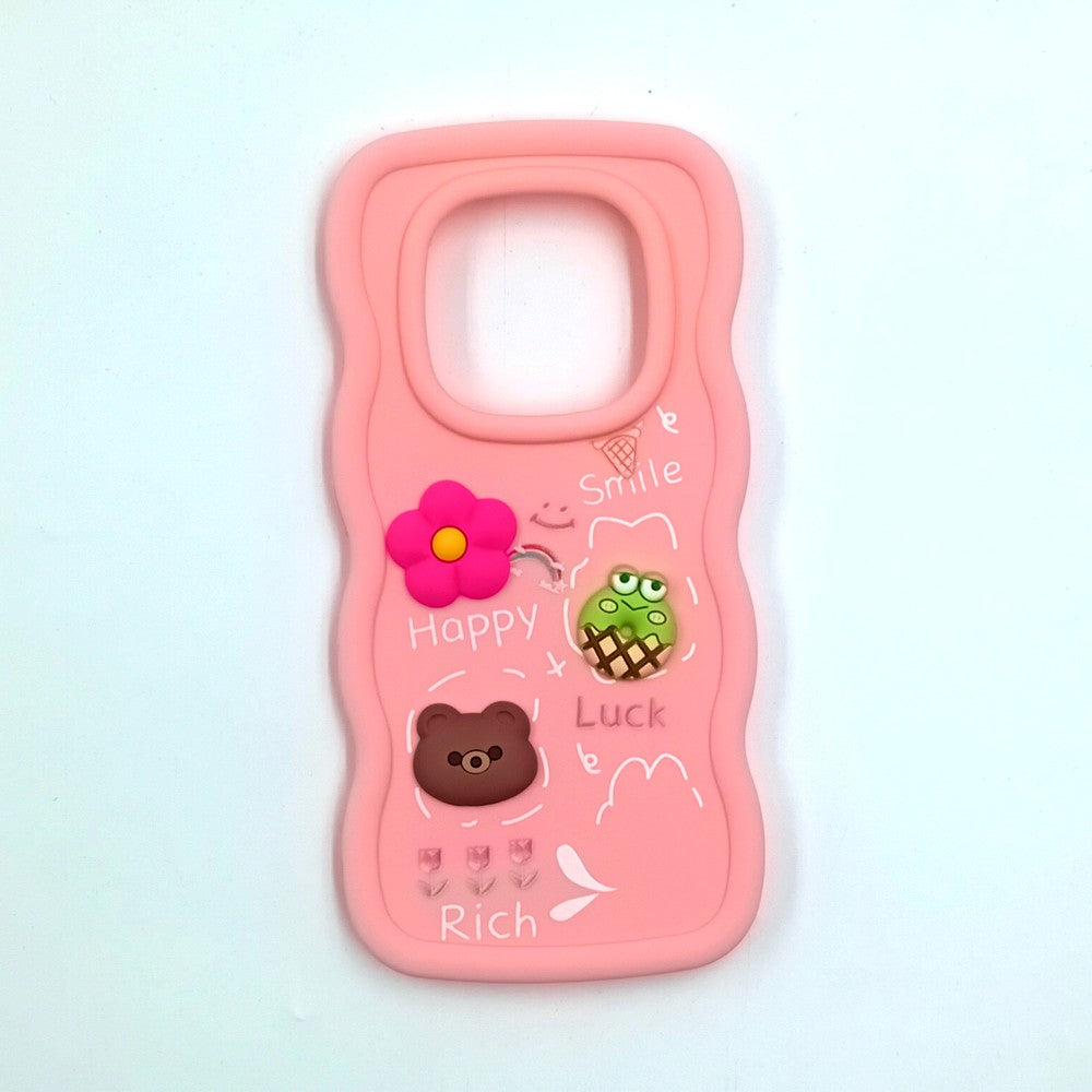 Redmi Note 14 Pro 5G Cute Cartoon 3D Silicone Phone Case for Girls Soft Wavy Edge Back Cover with Bear Flower & Fun Charms Shockproof Protective Case