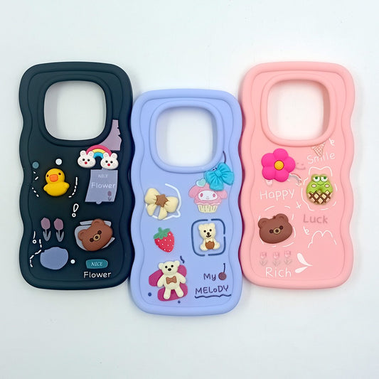 Redmi Note 14 Pro Plus Cute Cartoon 3D Silicone Phone Case for Girls Soft Wavy Edge Back Cover with Bear Flower & Fun Charms Shockproof Protective Case