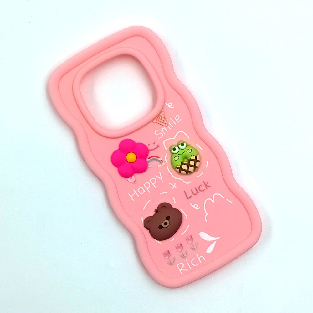 Redmi Note 14 Pro Plus Cute Cartoon 3D Silicone Phone Case for Girls Soft Wavy Edge Back Cover with Bear Flower & Fun Charms Shockproof Protective Case