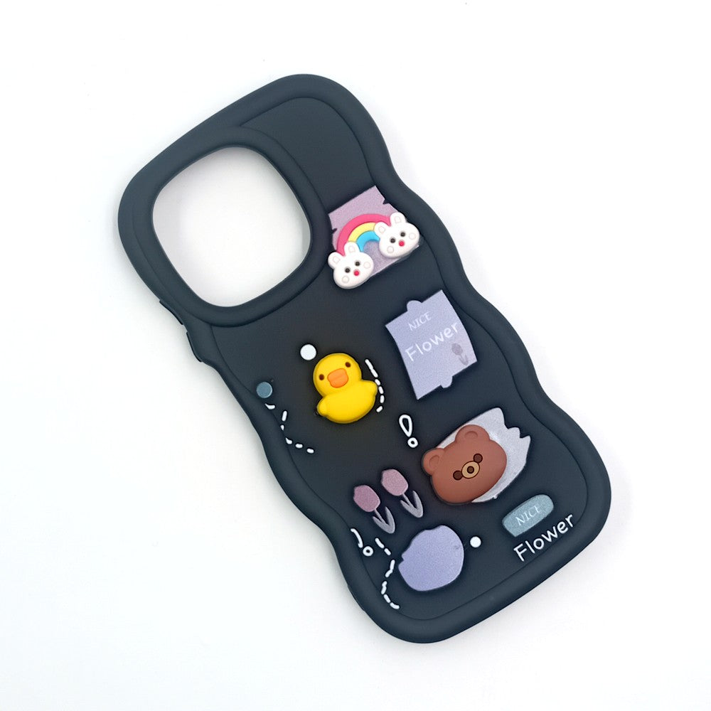 Tecno Spark Go 2025 Cute Cartoon 3D Silicone Phone Case for Girls Soft Wavy Edge Back Cover with Bear Flower & Fun Charms Shockproof Protective Case