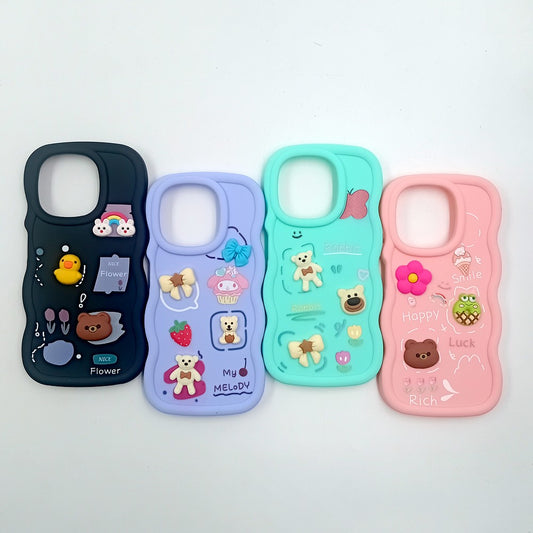 Tecno Spark Go 2025 Cute Cartoon 3D Silicone Phone Case for Girls Soft Wavy Edge Back Cover with Bear Flower & Fun Charms Shockproof Protective Case