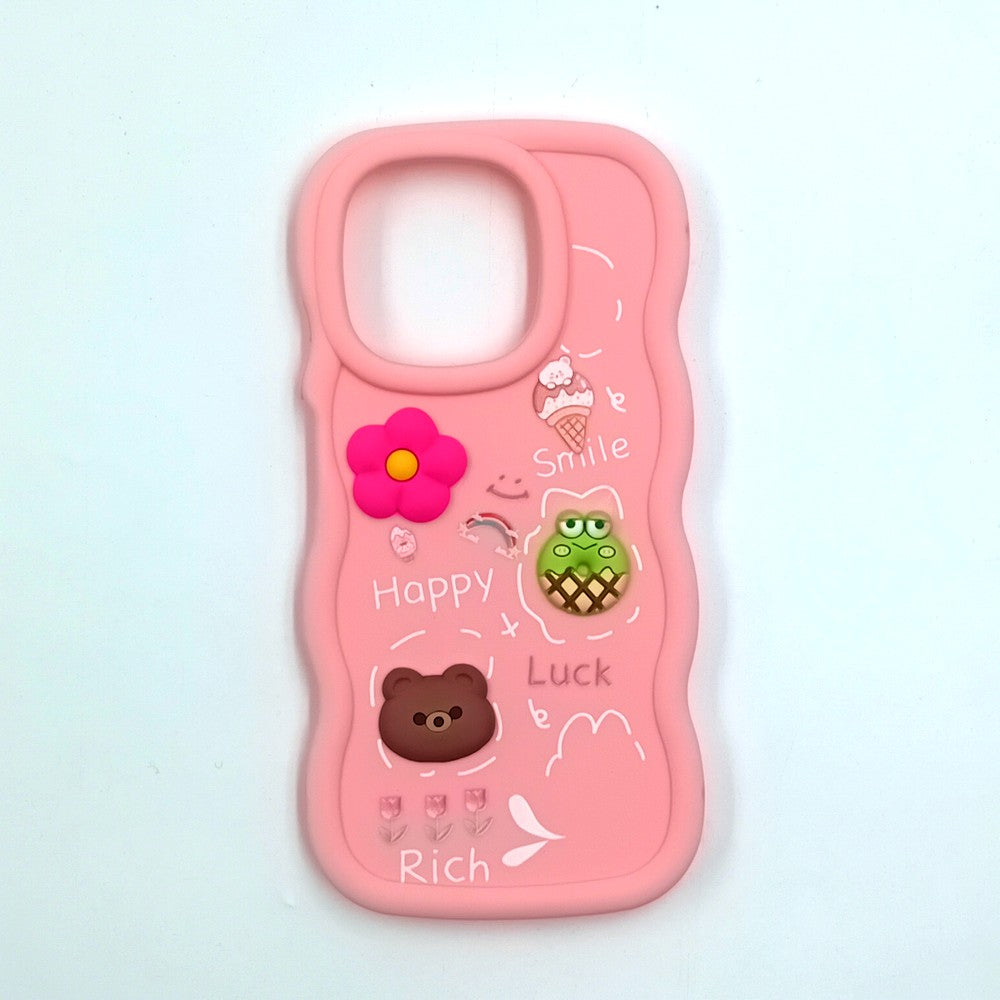 Tecno Spark Go 2025 Cute Cartoon 3D Silicone Phone Case for Girls Soft Wavy Edge Back Cover with Bear Flower & Fun Charms Shockproof Protective Case
