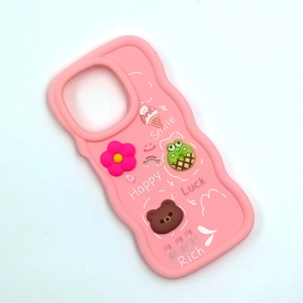 Tecno Spark Go 2025 Cute Cartoon 3D Silicone Phone Case for Girls Soft Wavy Edge Back Cover with Bear Flower & Fun Charms Shockproof Protective Case