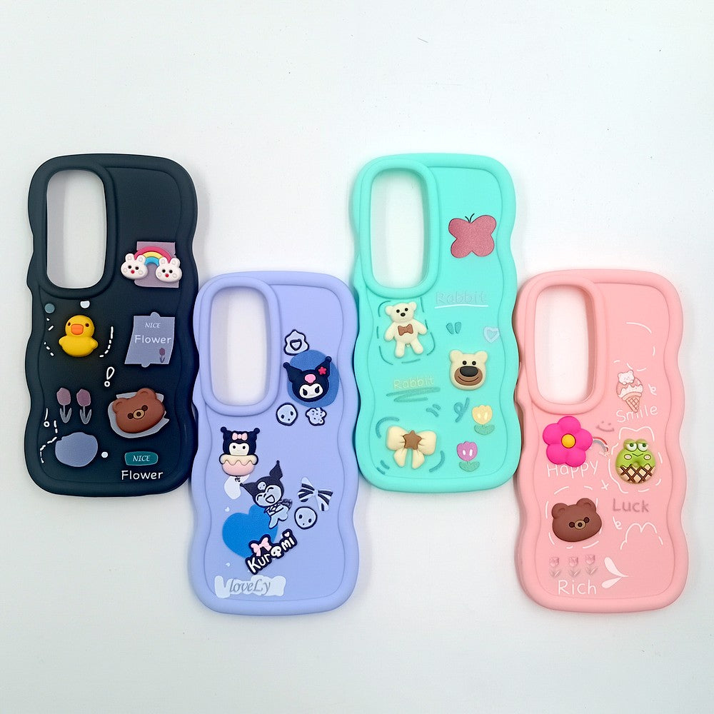 Vivo Y19s Cute Cartoon 3D Silicone Phone Case for Girls Soft Wavy Edge Back Cover with Bear Flower & Fun Charms Shockproof Protective Case