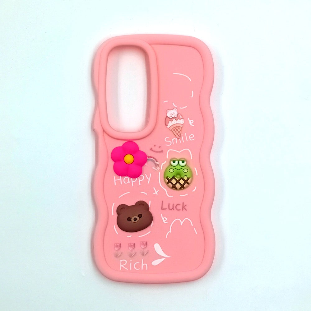 Vivo Y19s Cute Cartoon 3D Silicone Phone Case for Girls Soft Wavy Edge Back Cover with Bear Flower & Fun Charms Shockproof Protective Case