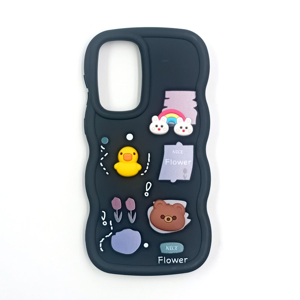 Samsung A56 Cute Cartoon 3D Silicone Phone Case for Girls Soft Wavy Edge Back Cover with Bear Flower & Fun Charms Shockproof Protective Case