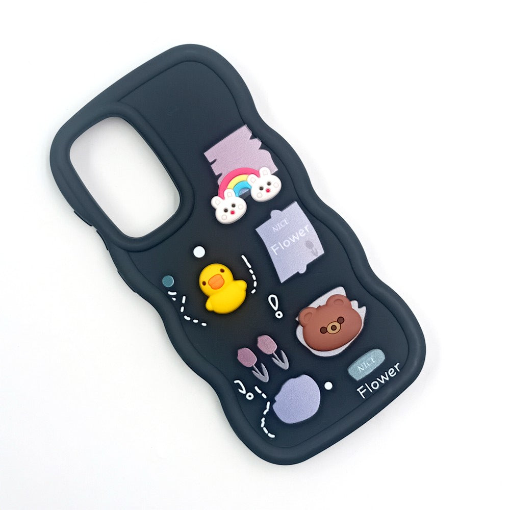 Samsung A56 Cute Cartoon 3D Silicone Phone Case for Girls Soft Wavy Edge Back Cover with Bear Flower & Fun Charms Shockproof Protective Case