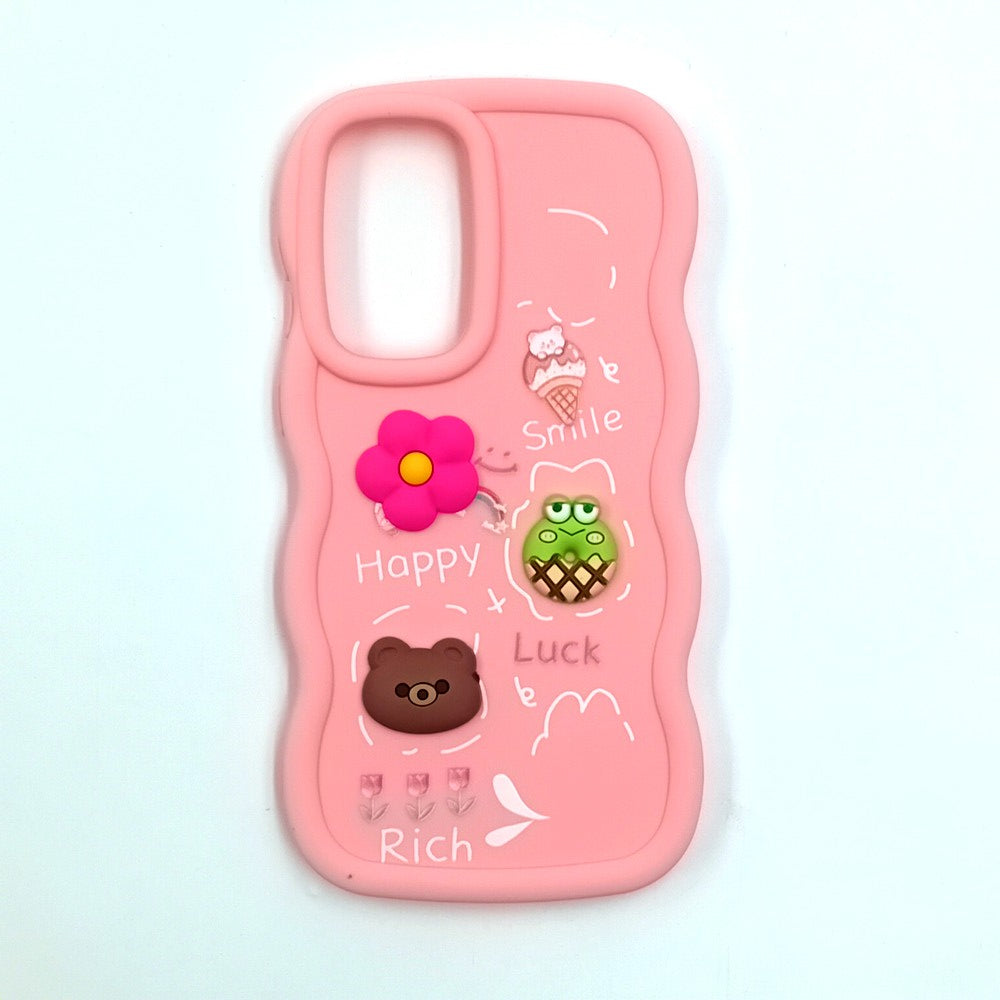 Samsung A56 Cute Cartoon 3D Silicone Phone Case for Girls Soft Wavy Edge Back Cover with Bear Flower & Fun Charms Shockproof Protective Case