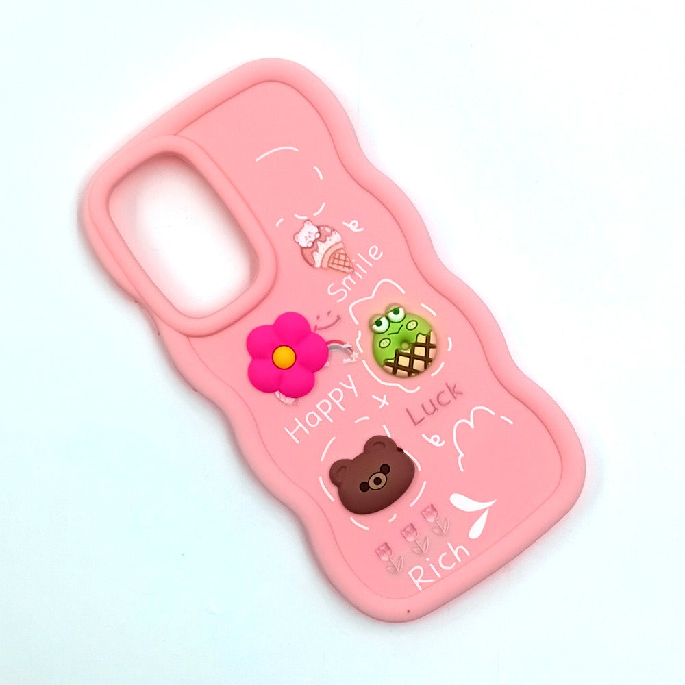Samsung A56 Cute Cartoon 3D Silicone Phone Case for Girls Soft Wavy Edge Back Cover with Bear Flower & Fun Charms Shockproof Protective Case