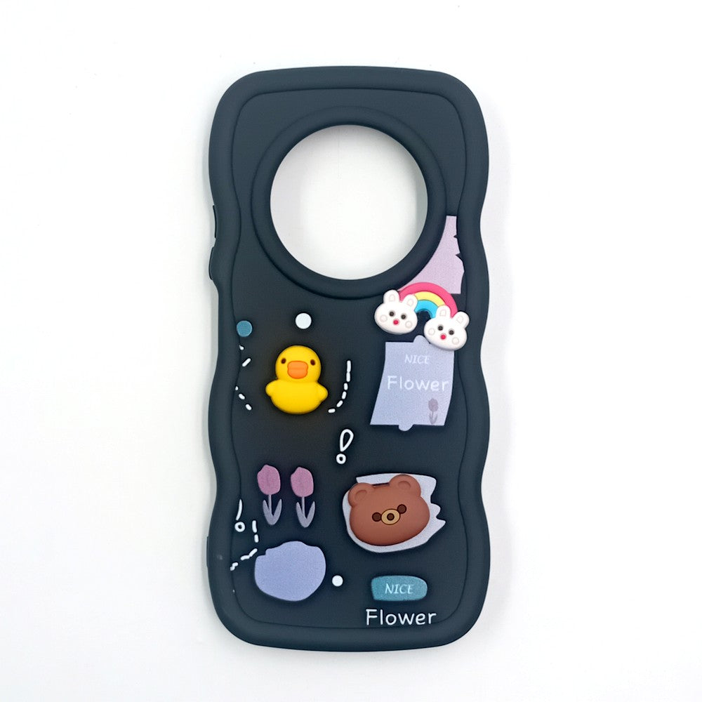 Redmi A4 Cute Cartoon 3D Silicone Phone Case for Girls Soft Wavy Edge Back Cover with Bear Flower & Fun Charms Shockproof Protective Case