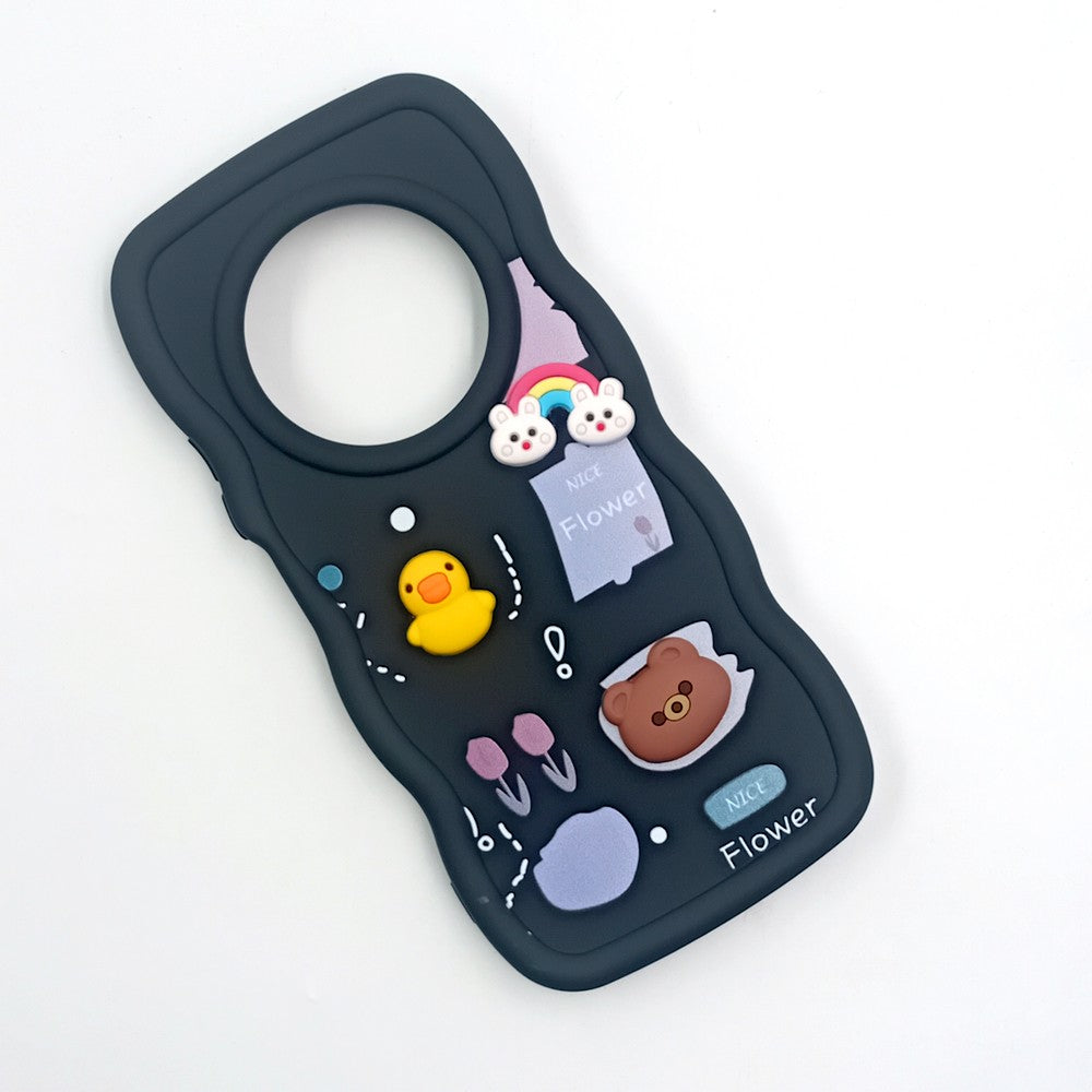 Redmi A4 Cute Cartoon 3D Silicone Phone Case for Girls Soft Wavy Edge Back Cover with Bear Flower & Fun Charms Shockproof Protective Case