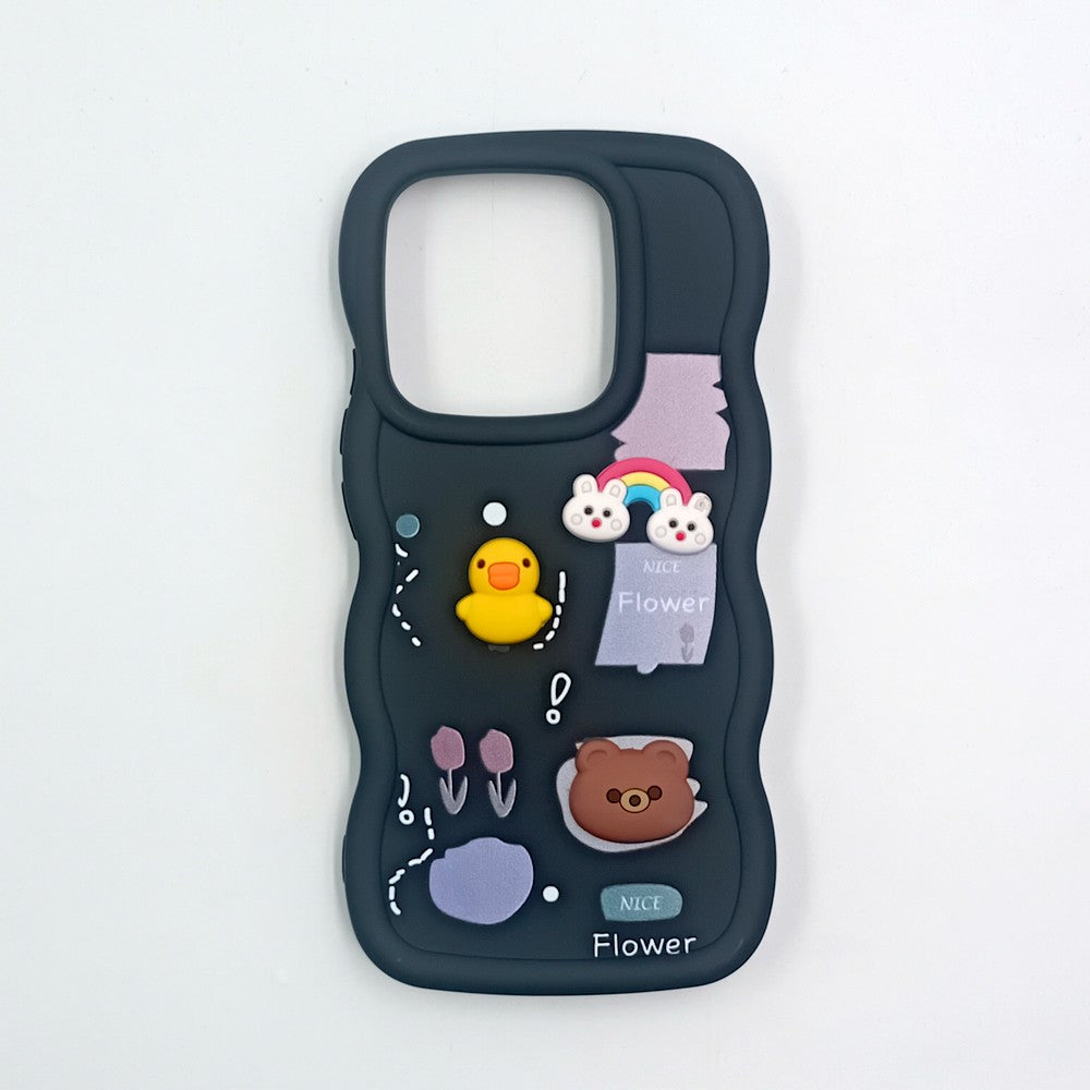 Redmi Note 14 4G Cute Cartoon 3D Silicone Phone Case for Girls Soft Wavy Edge Back Cover with Bear Flower & Fun Charms Shockproof Protective Case