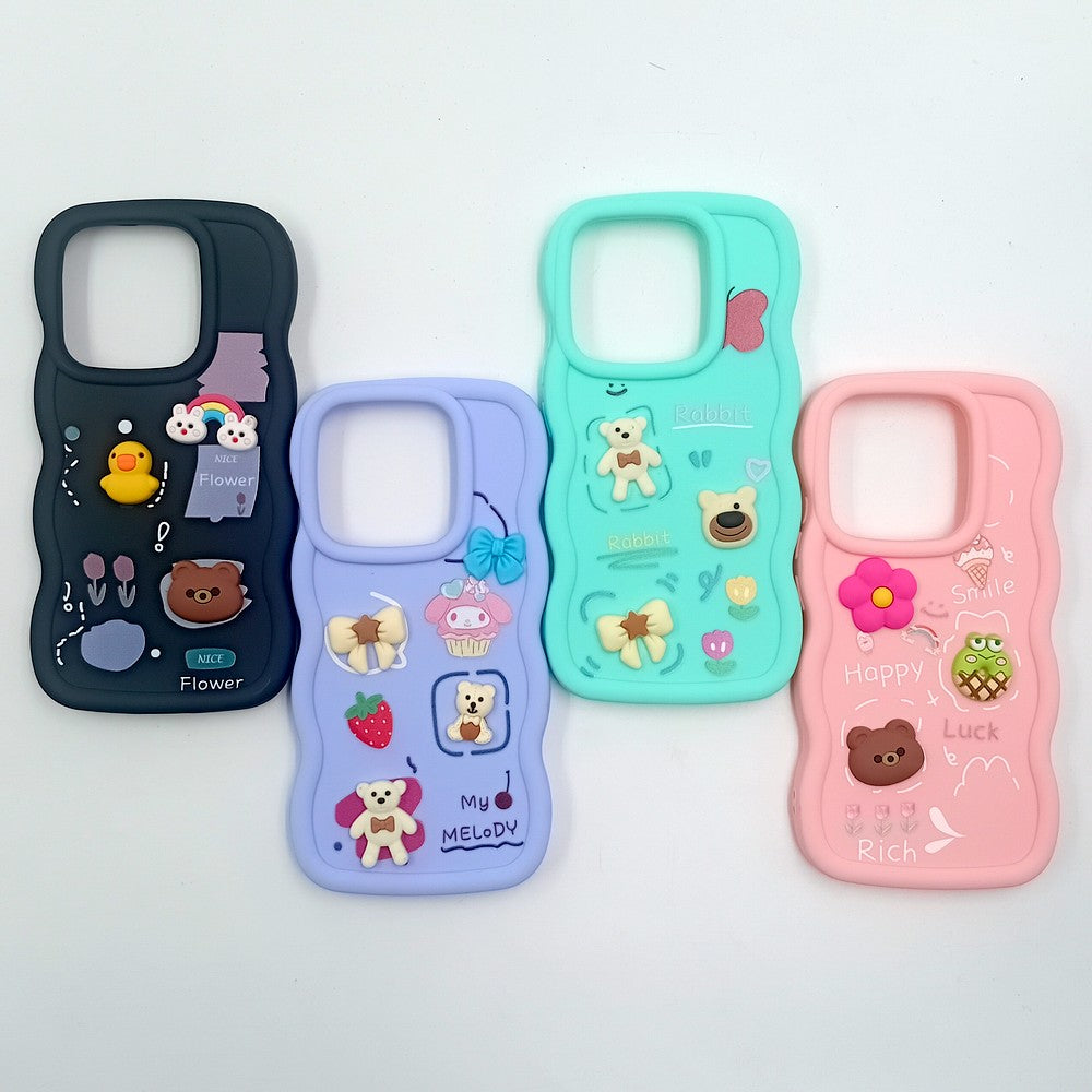 Redmi Note 14 4G Cute Cartoon 3D Silicone Phone Case for Girls Soft Wavy Edge Back Cover with Bear Flower & Fun Charms Shockproof Protective Case