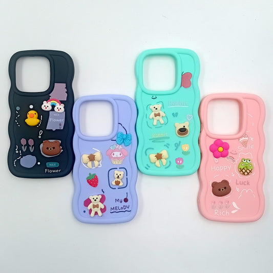 Redmi Note 14 4G Cute Cartoon 3D Silicone Phone Case for Girls Soft Wavy Edge Back Cover with Bear Flower & Fun Charms Shockproof Protective Case