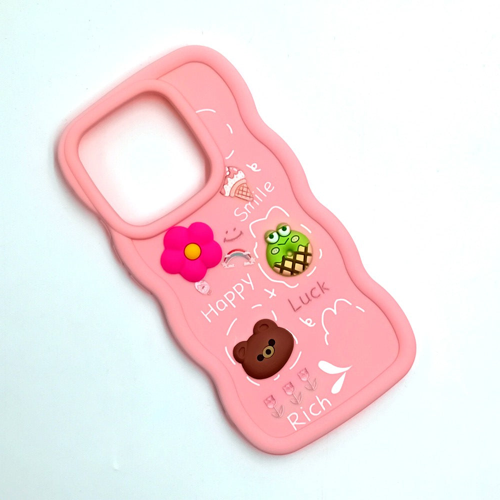 Redmi Note 14 4G Cute Cartoon 3D Silicone Phone Case for Girls Soft Wavy Edge Back Cover with Bear Flower & Fun Charms Shockproof Protective Case