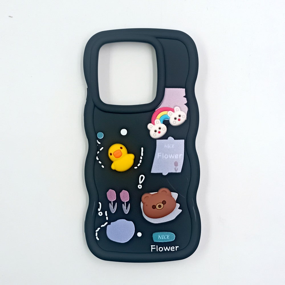 Redmi Note 14 5G Cute Cartoon 3D Silicone Phone Case for Girls Soft Wavy Edge Back Cover with Bear Flower & Fun Charms Shockproof Protective Case