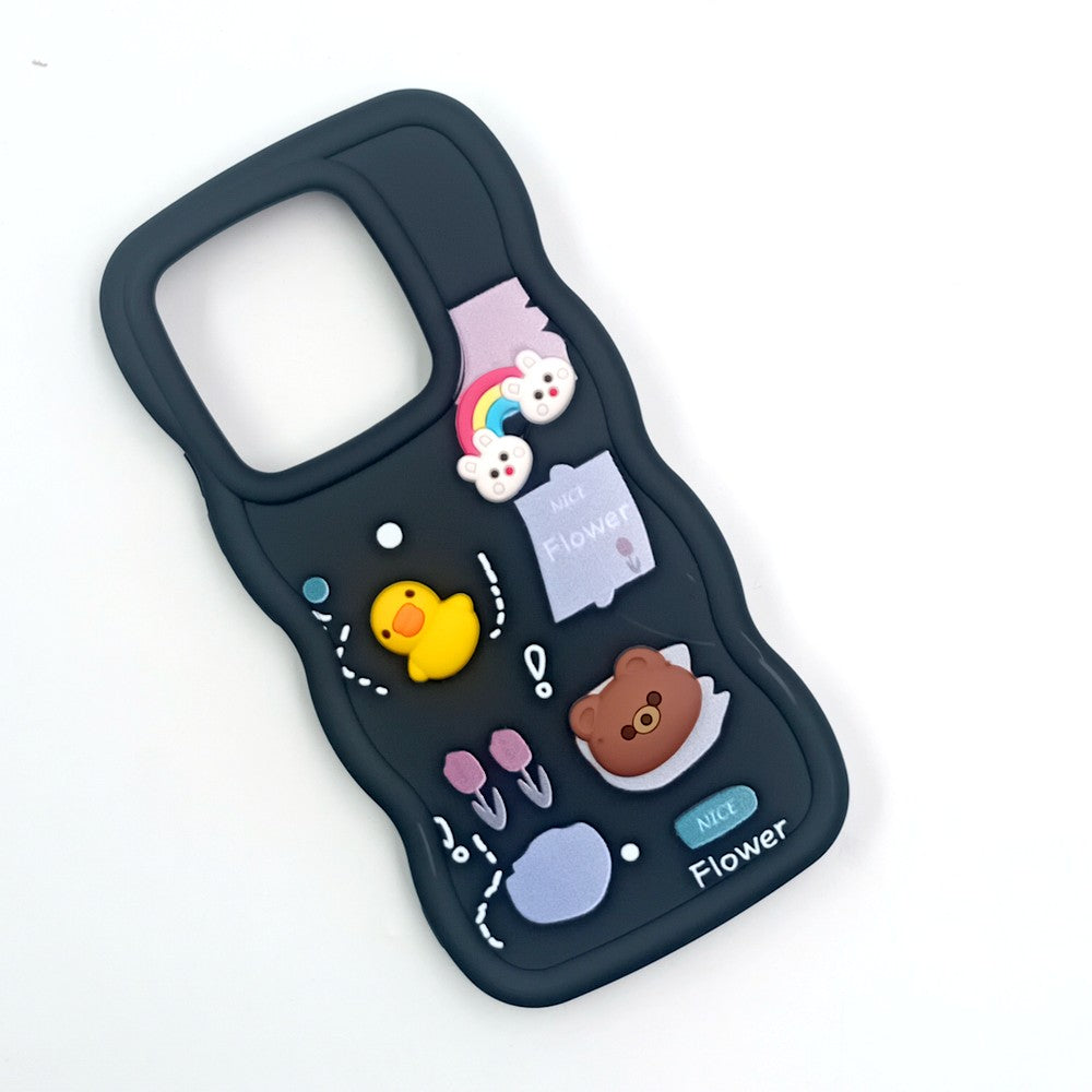 Redmi Note 14 5G Cute Cartoon 3D Silicone Phone Case for Girls Soft Wavy Edge Back Cover with Bear Flower & Fun Charms Shockproof Protective Case
