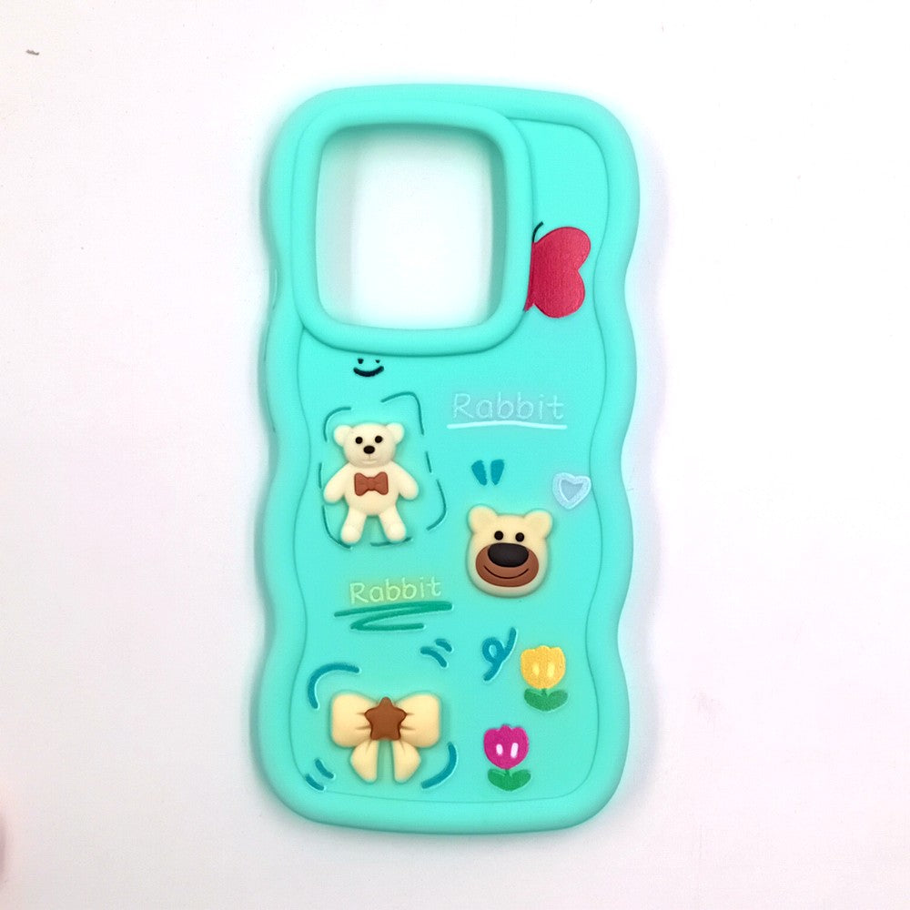 Redmi Note 14 5G Cute Cartoon 3D Silicone Phone Case for Girls Soft Wavy Edge Back Cover with Bear Flower & Fun Charms Shockproof Protective Case