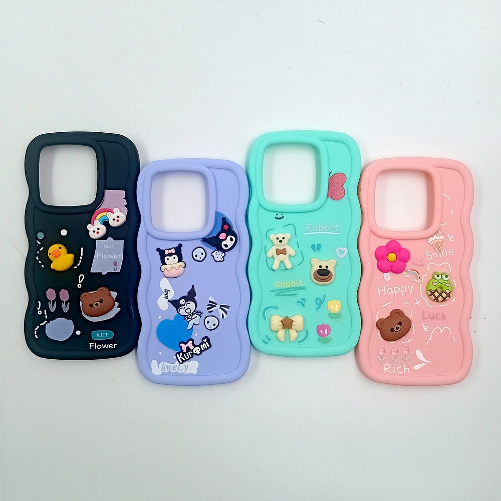 Redmi Note 14 5G Cute Cartoon 3D Silicone Phone Case for Girls Soft Wavy Edge Back Cover with Bear Flower & Fun Charms Shockproof Protective Case