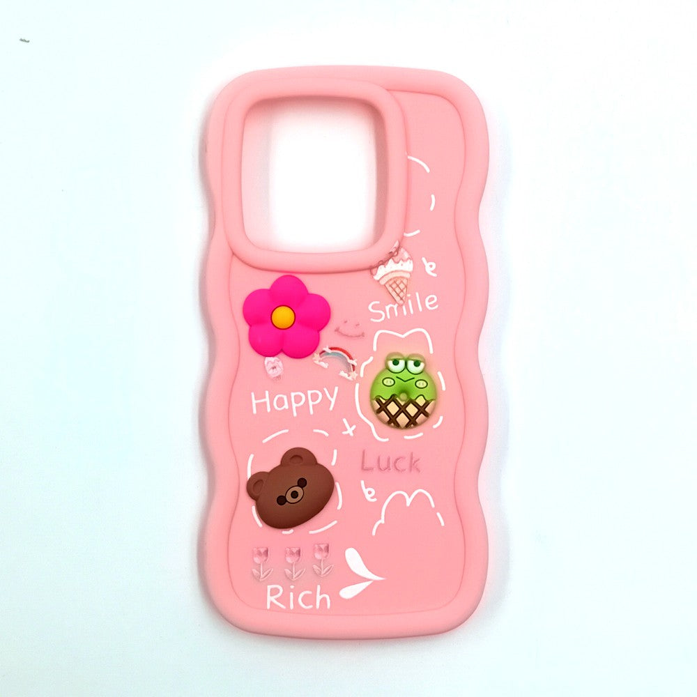 Redmi Note 14 5G Cute Cartoon 3D Silicone Phone Case for Girls Soft Wavy Edge Back Cover with Bear Flower & Fun Charms Shockproof Protective Case