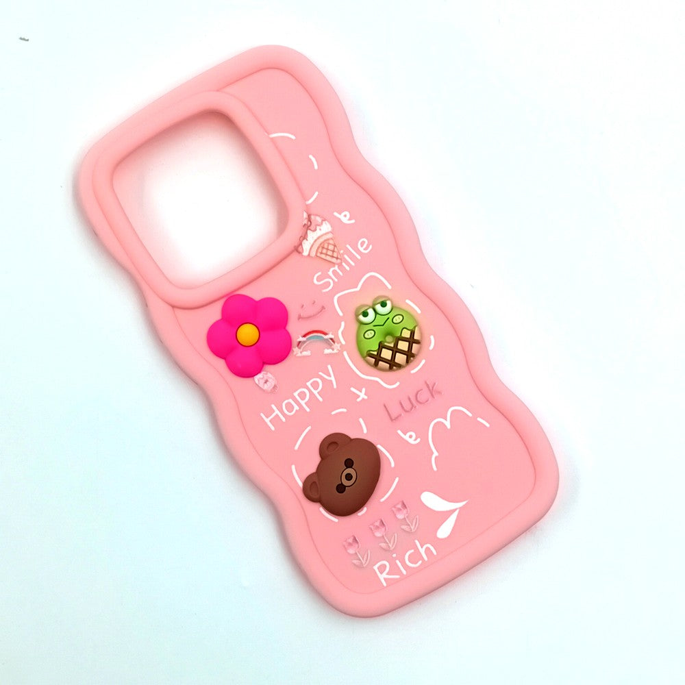 Redmi Note 14 5G Cute Cartoon 3D Silicone Phone Case for Girls Soft Wavy Edge Back Cover with Bear Flower & Fun Charms Shockproof Protective Case