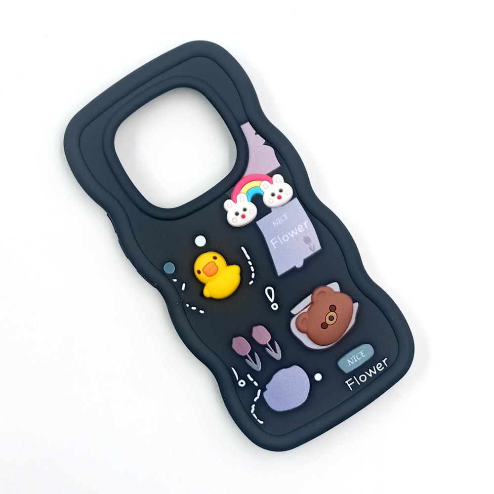 Redmi Note 14 Pro Plus Cute Cartoon 3D Silicone Phone Case for Girls Soft Wavy Edge Back Cover with Bear Flower & Fun Charms Shockproof Protective Case