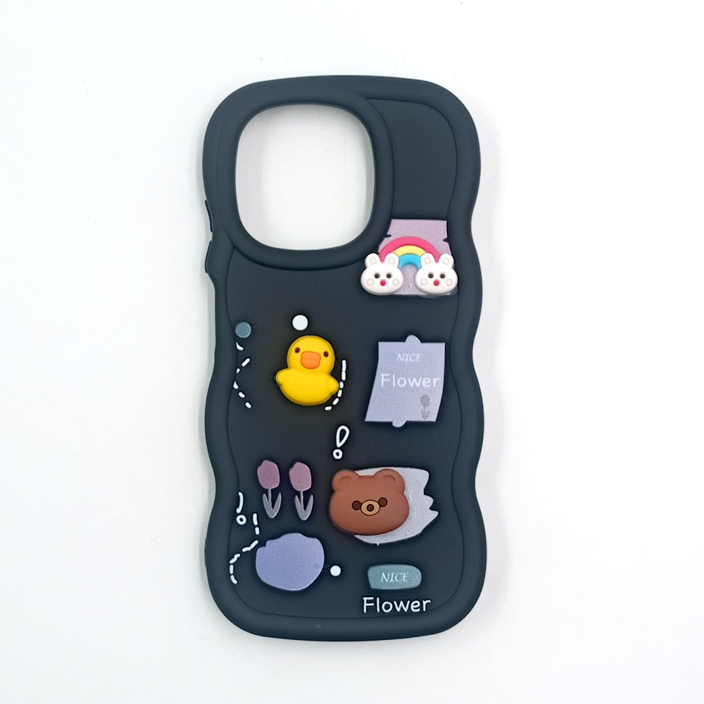 Tecno Spark Go 2025 Cute Cartoon 3D Silicone Phone Case for Girls Soft Wavy Edge Back Cover with Bear Flower & Fun Charms Shockproof Protective Case