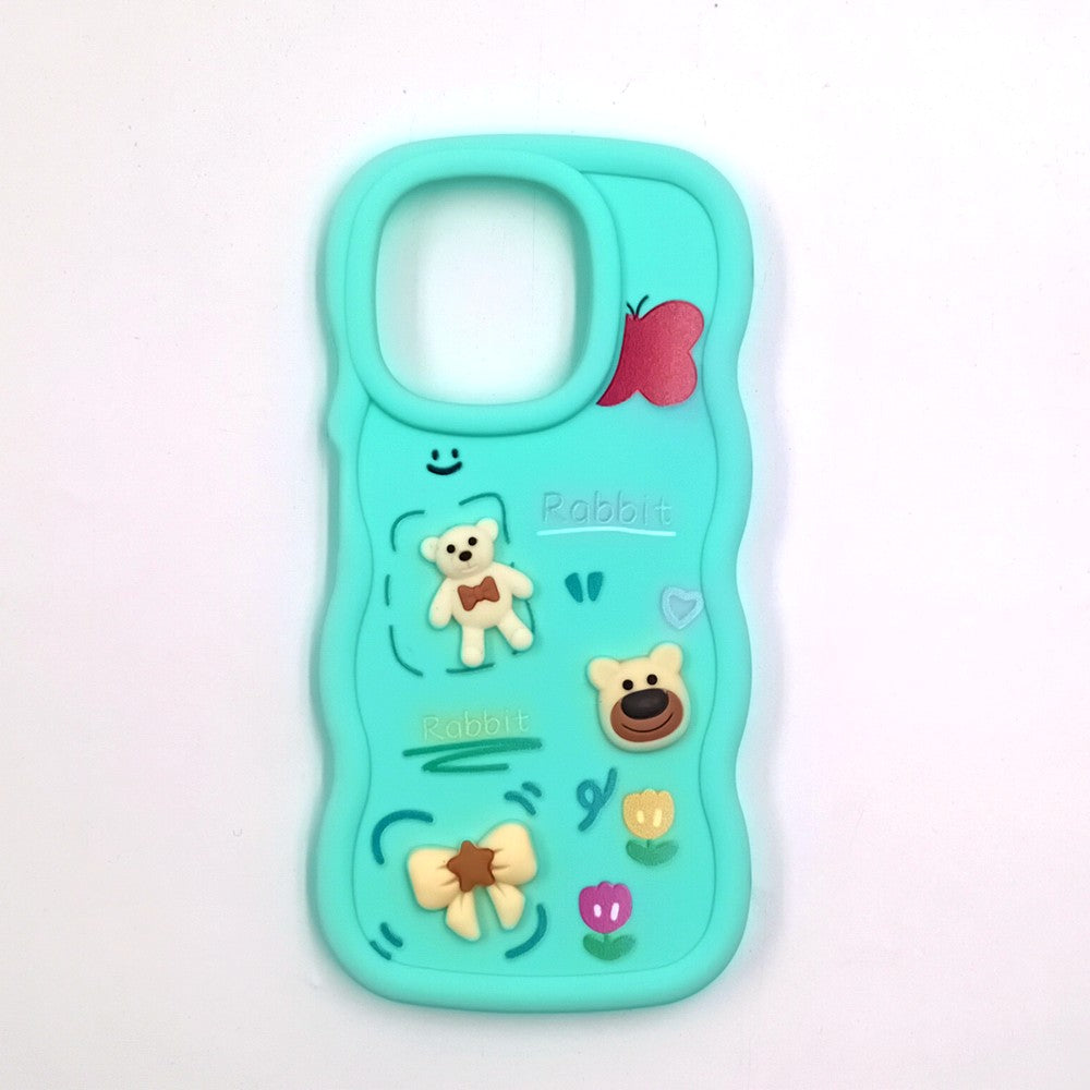 Tecno Spark Go 2025 Cute Cartoon 3D Silicone Phone Case for Girls Soft Wavy Edge Back Cover with Bear Flower & Fun Charms Shockproof Protective Case