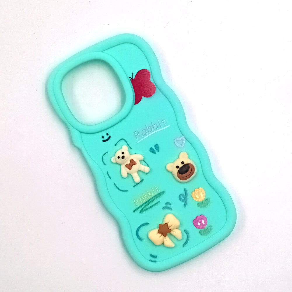 Tecno Spark Go 2025 Cute Cartoon 3D Silicone Phone Case for Girls Soft Wavy Edge Back Cover with Bear Flower & Fun Charms Shockproof Protective Case